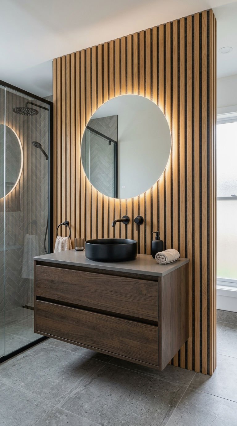 21 Wood Slat Wall Bathroom Ideas That Turn a Boring Room Into a Spa 14 14. Acoustic Wood Slat Panels for Bathrooms