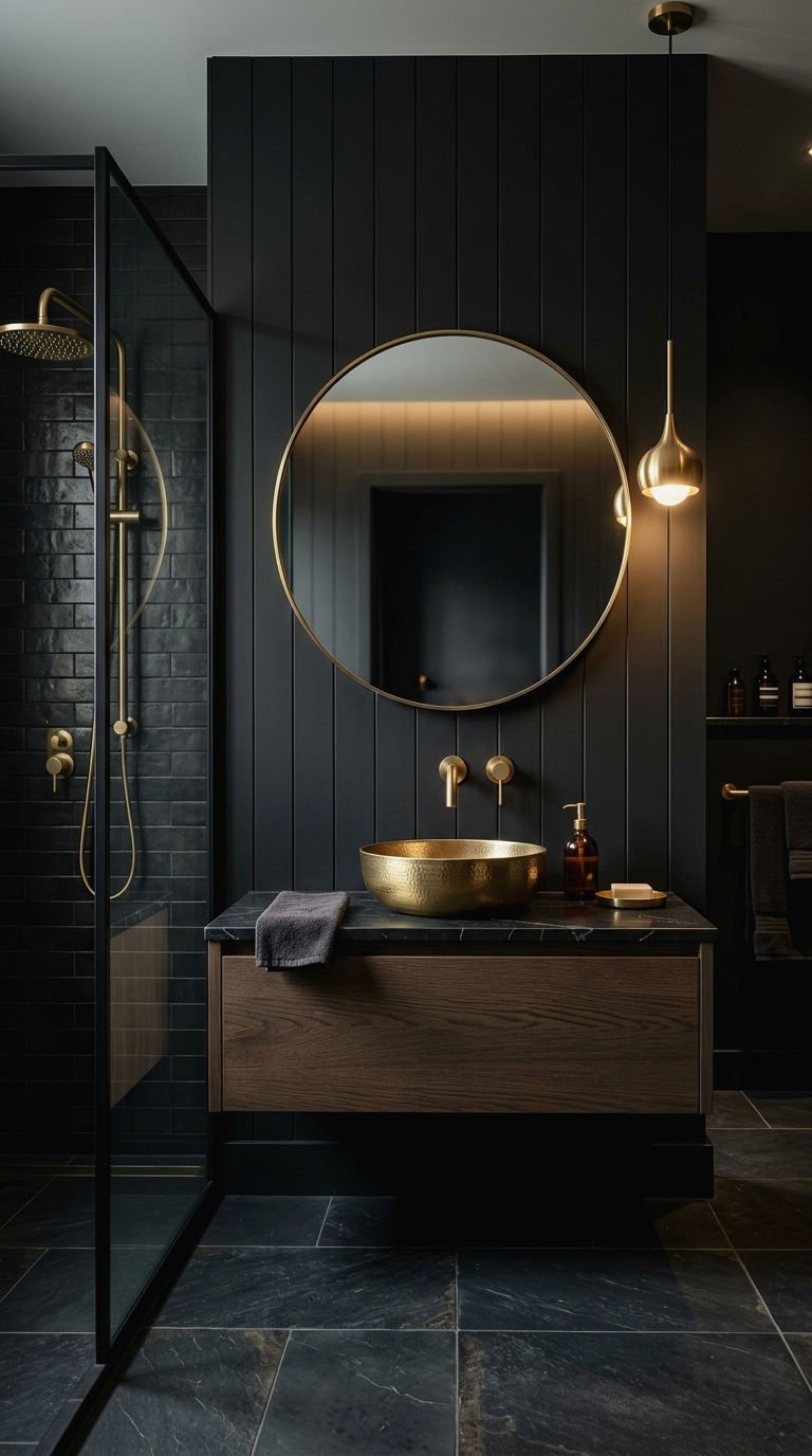 8. Black Paneling for Bold Baths