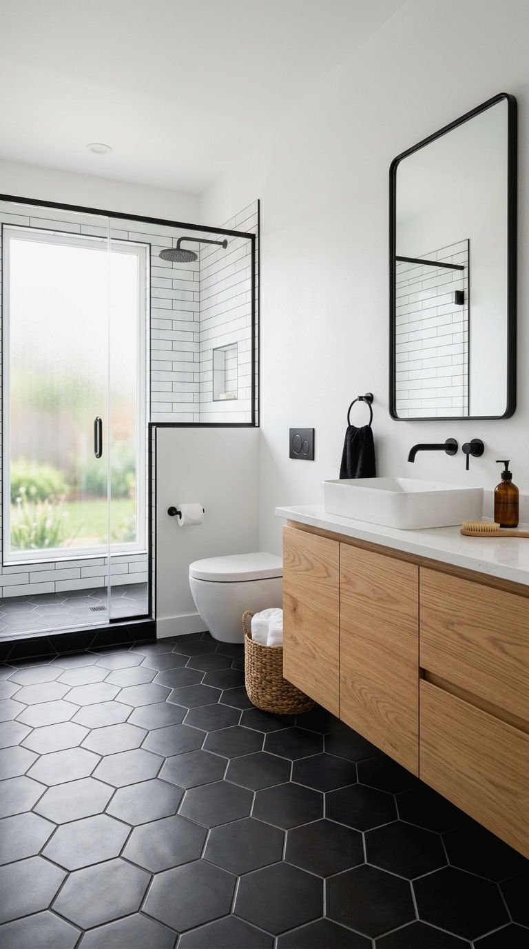13. Black Tile Floor With a Wood Vanity