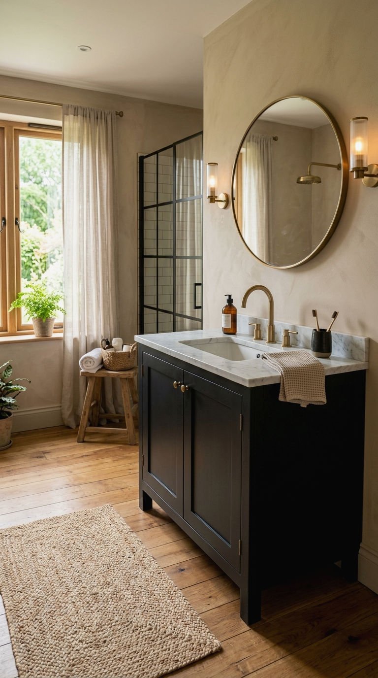 5. Black Vanity With a Wood Floor