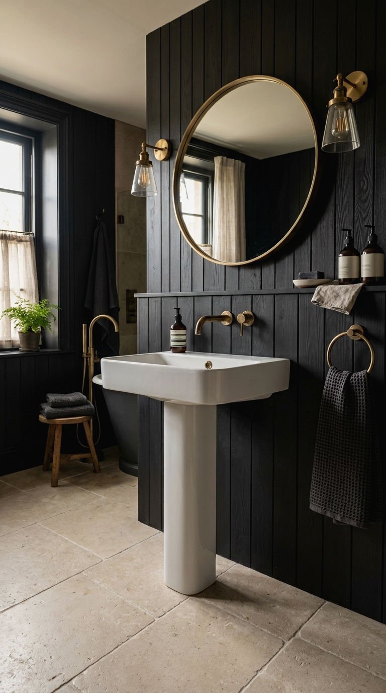 21 Wood Slat Wall Bathroom Ideas That Turn a Boring Room Into a Spa 8 8. Black Wood Slat Accent Wall Bathroom