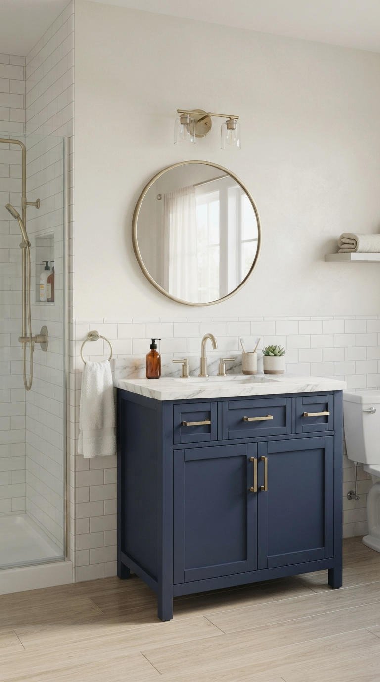 18. Blue Bathroom Vanity With Marble Countertop