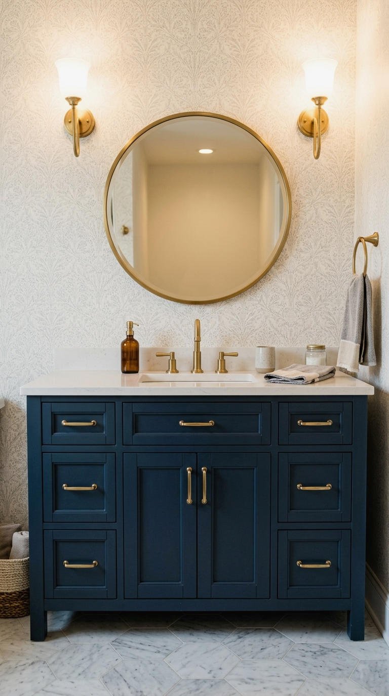 13. Blue Vanity With Wallpaper Pop