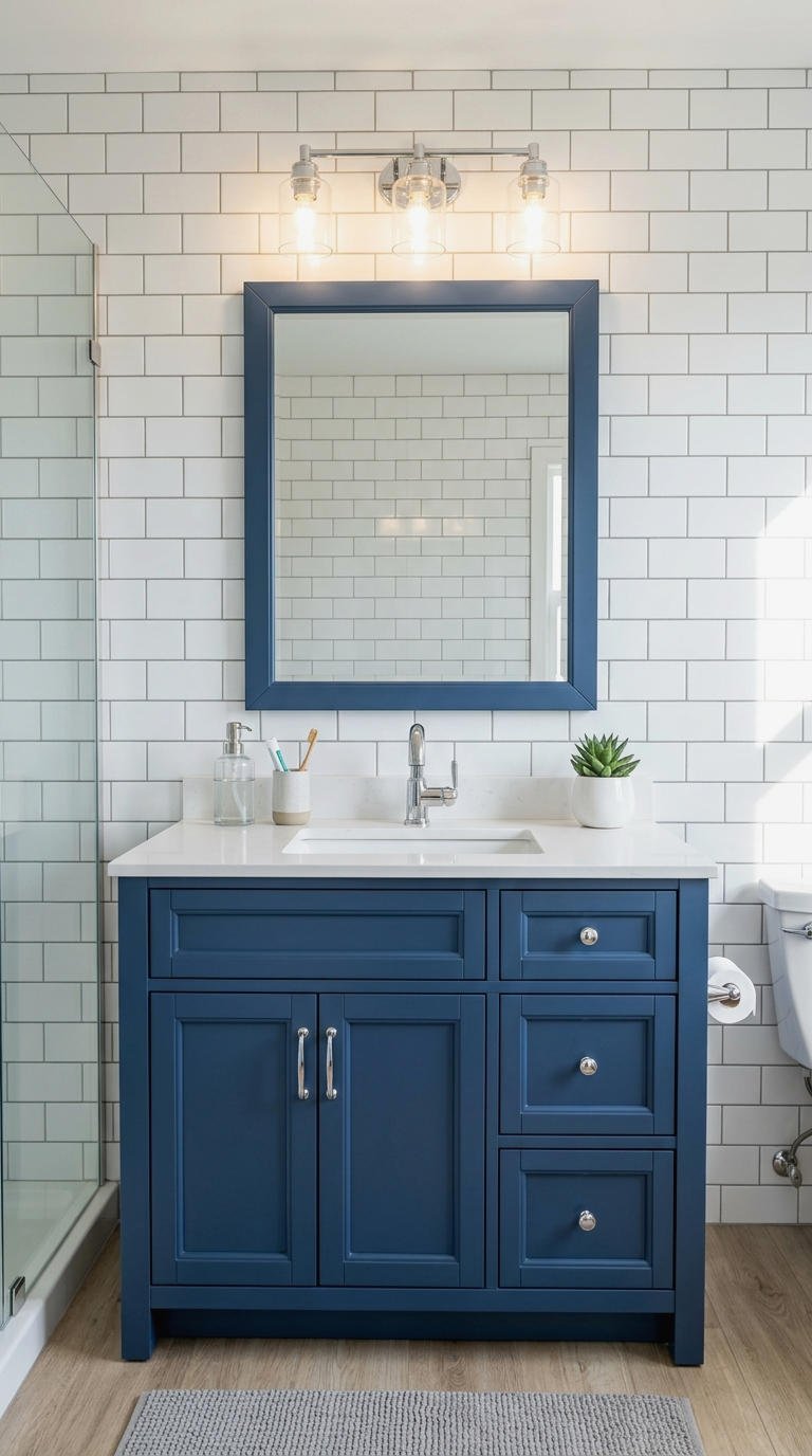 7. Blue Vanity With White Tile