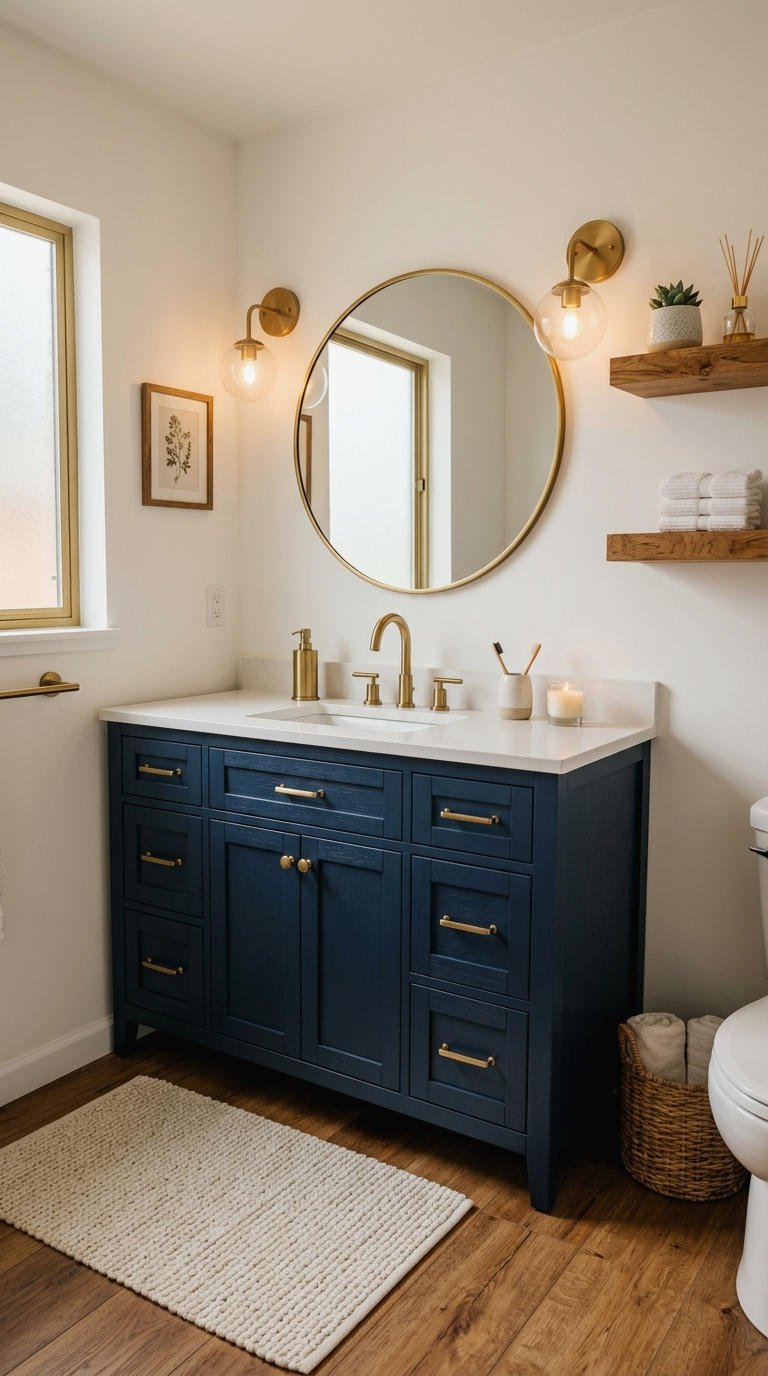 23. Blue Vanity With Wood Floor