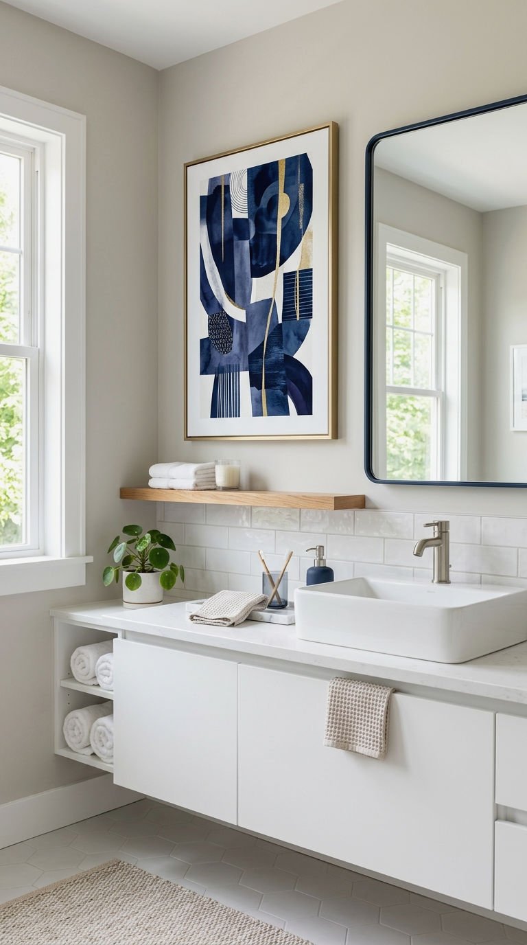 19. Bold Color Bathroom Wall Art