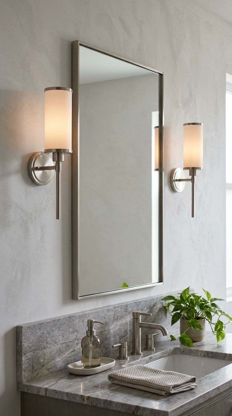 22 Bathroom Wall Sconce Picks That Actually Make Sense 7 7. Brushed Nickel Sconces for Softer Light