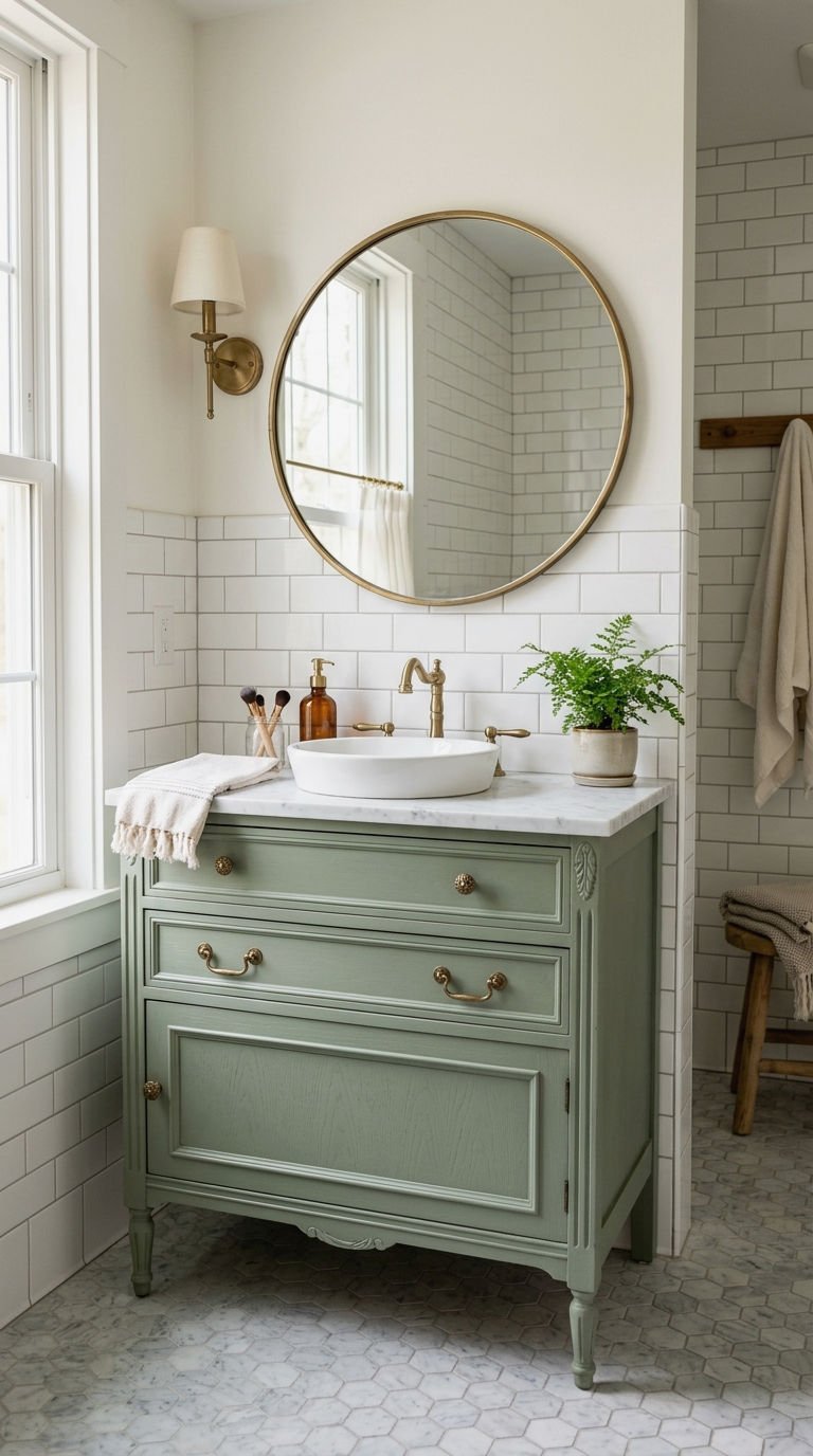 5. Charming Green Vintage Vanity