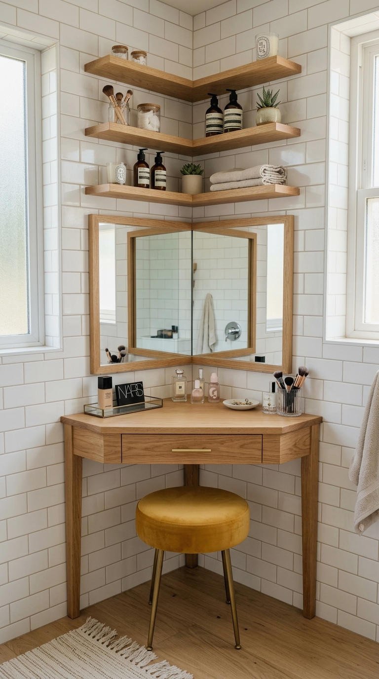 8. Corner Makeup Vanity for Tight Bathrooms
