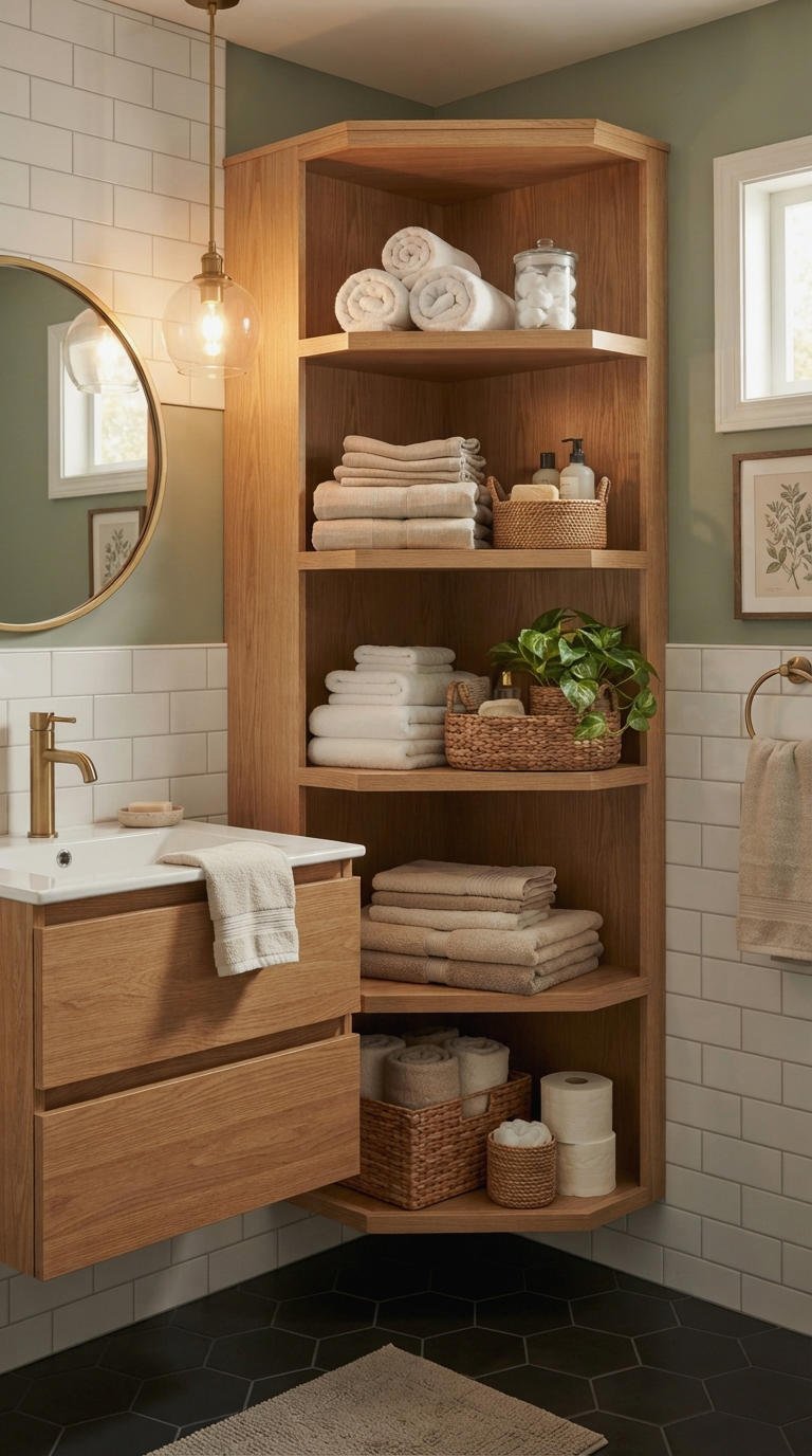 19. Cozy Corner Storage Tower Bathroom Vanity