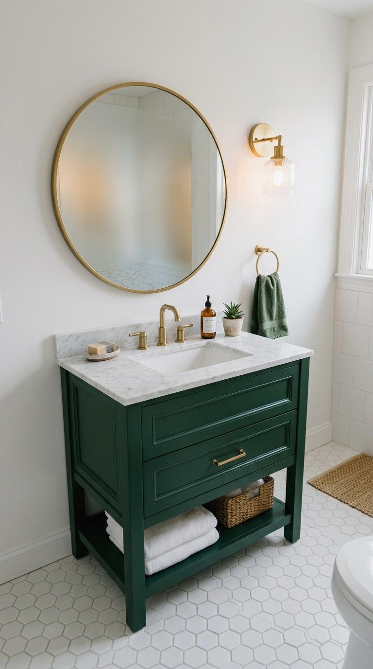 2. Dark Green Vanity for Small Bathrooms
