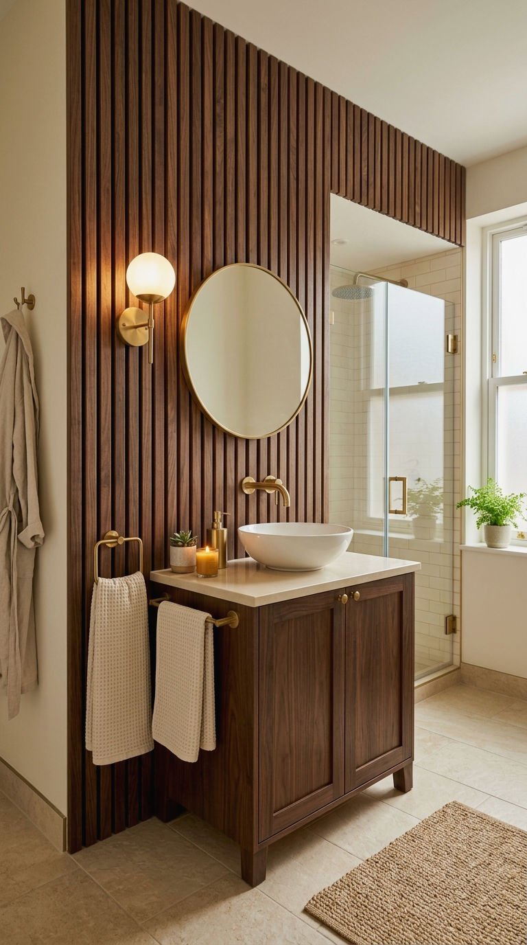 21 Wood Slat Wall Bathroom Ideas That Turn a Boring Room Into a Spa 10 10. Dark Wood Slat Wall Bathroom Style
