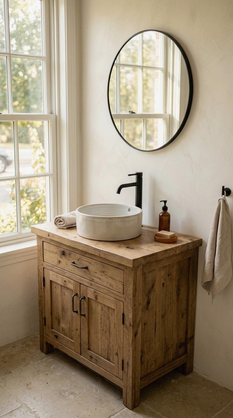 3. Farmhouse Vanity With Vessel Sink