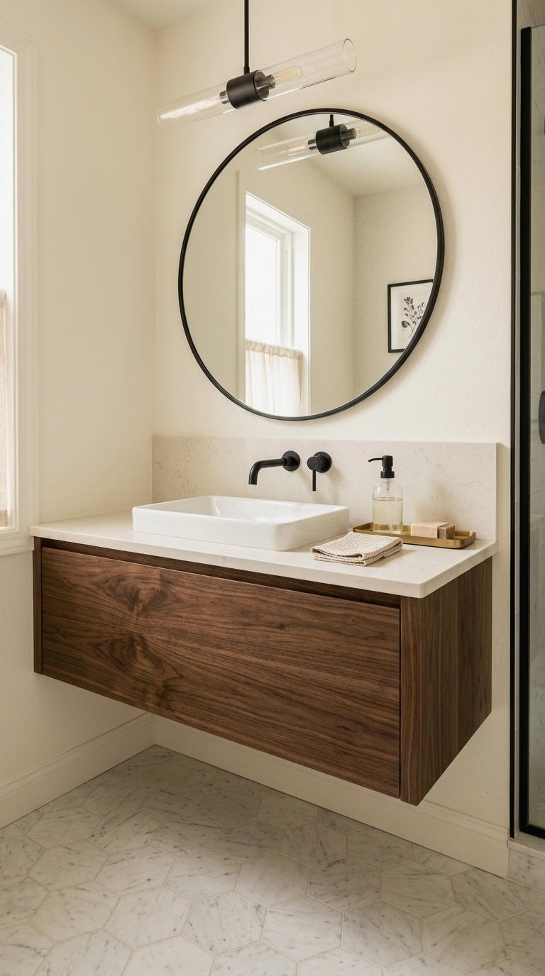 15. Floating Walnut Vanity for Rich Warmth