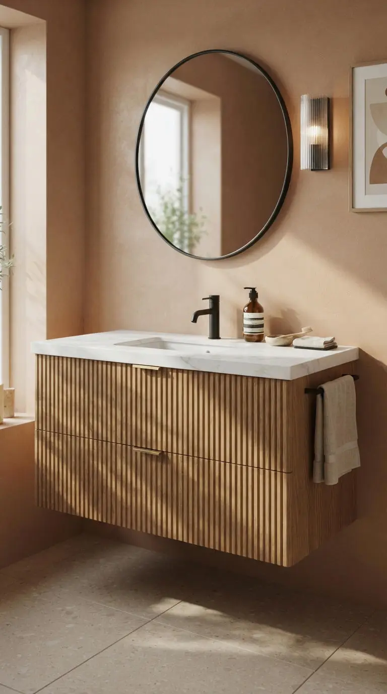 17. Fluted and Slat Wood Vanity Bathroom