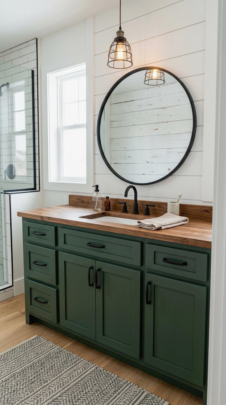 6. Forest Green Vanity for Farmhouse Bathrooms