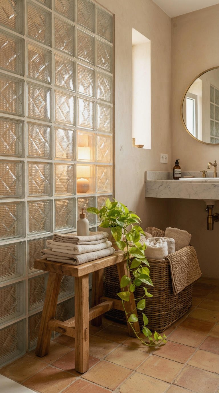 21. Glass Block Wall Bathroom Decor
