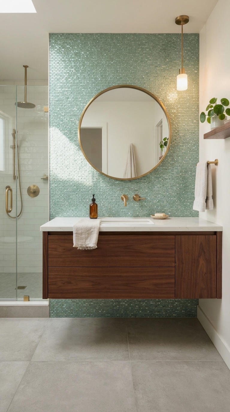 9. Glass Tile Bathroom Accent Wall