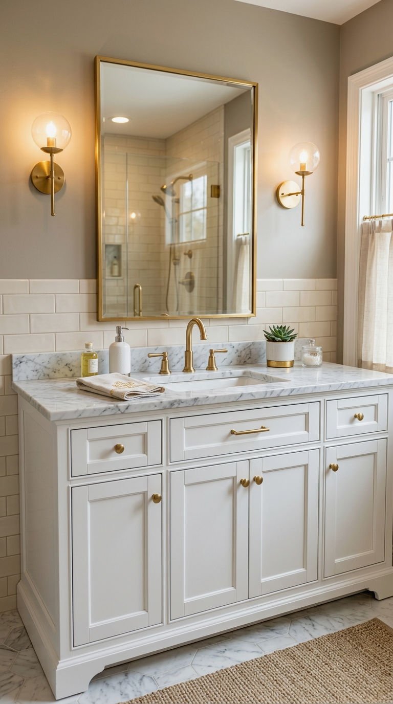7. Gold Hardware on White Vanities