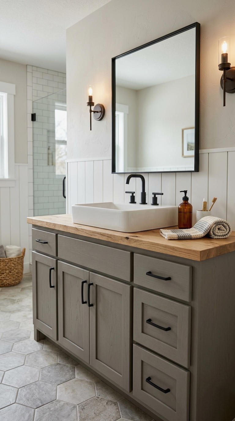 9. Gray Farmhouse Bathroom Vanity Style
