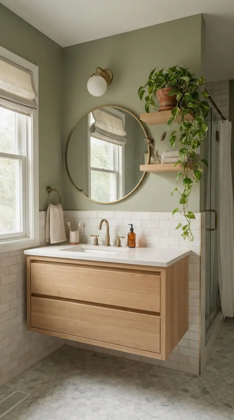 14. Green Bathroom with Wood Vanity