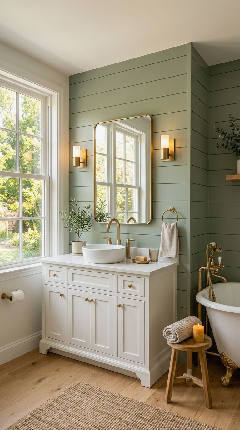 19. Green Shiplap Bathroom Accent Walls