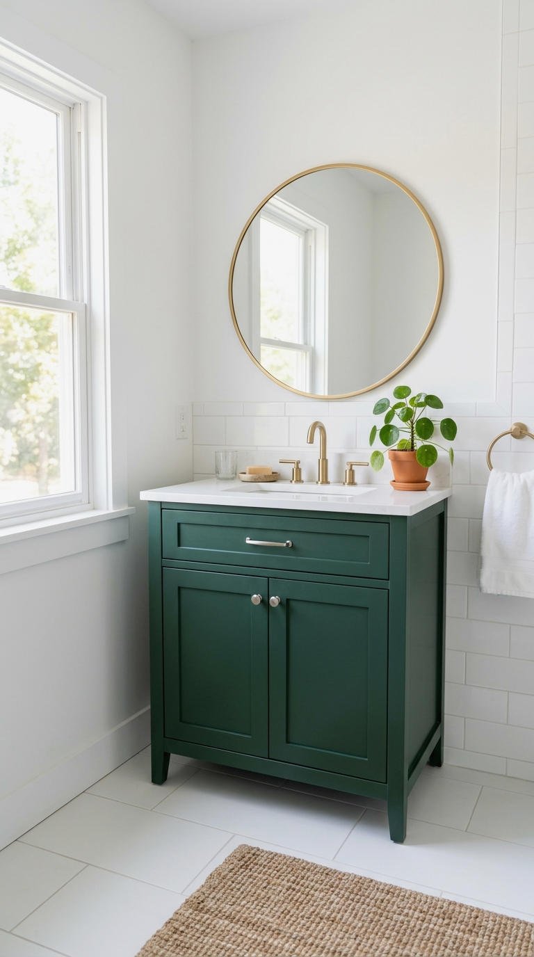 9. Green Vanity Against White Walls