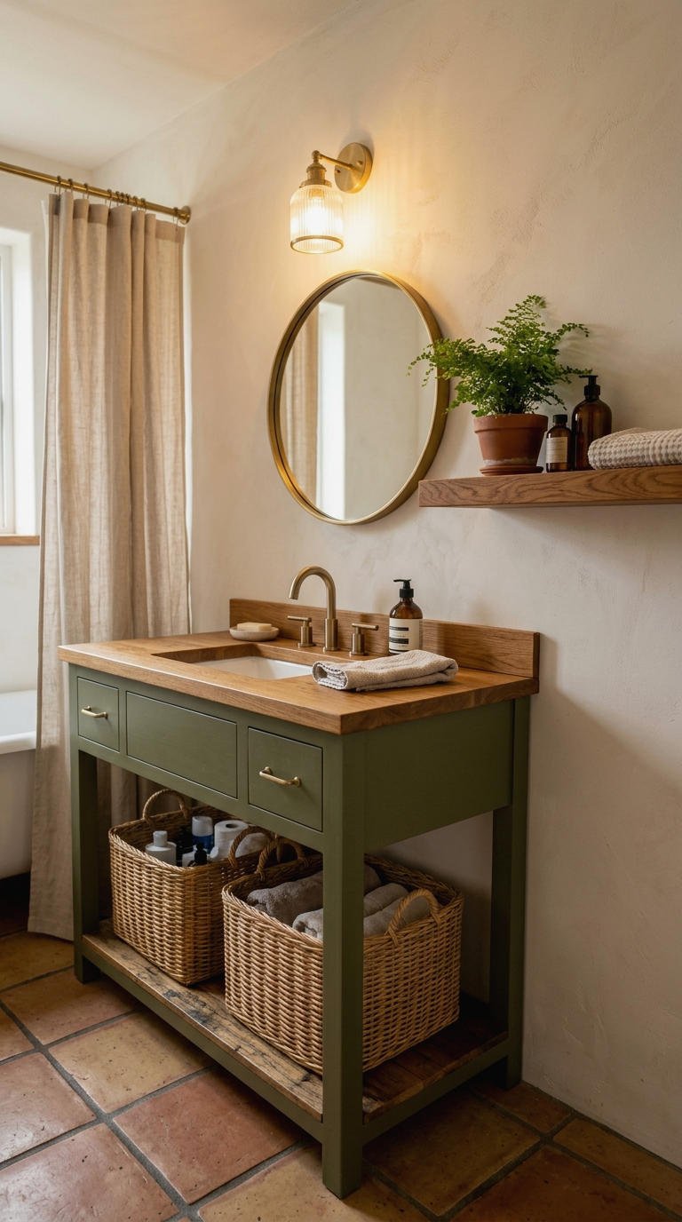 10. Green Vanity with Warm Wood Accents