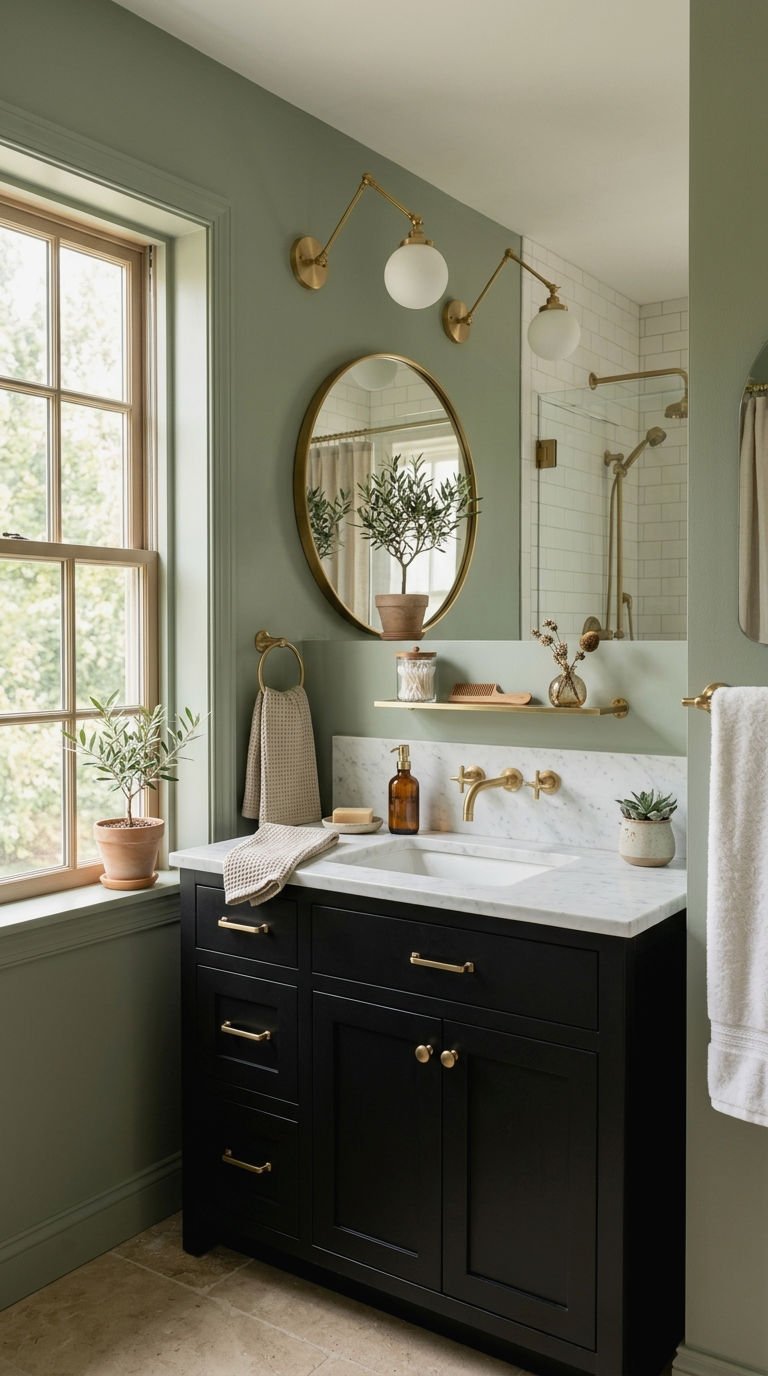 10. Green Walls With a Black Vanity