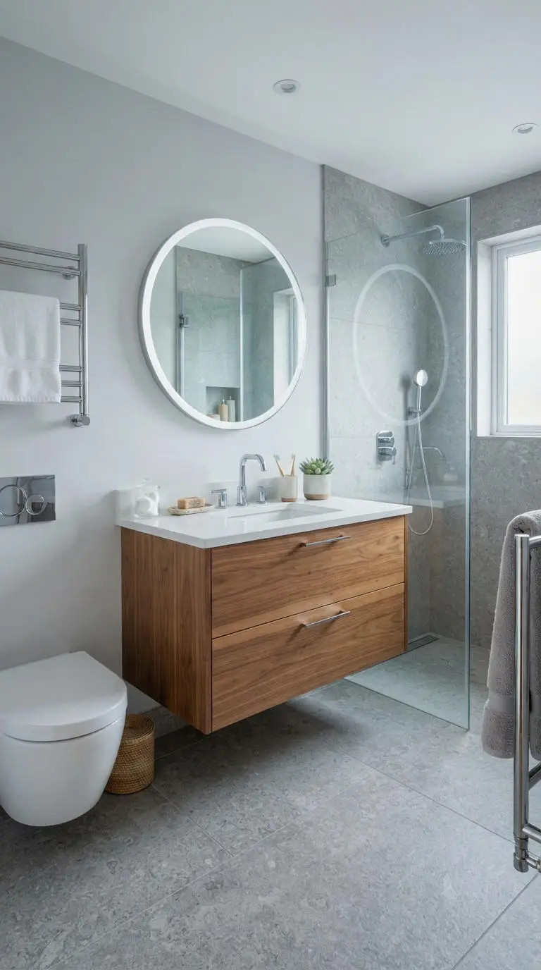 16. Grey Bathroom with Wood Vanity