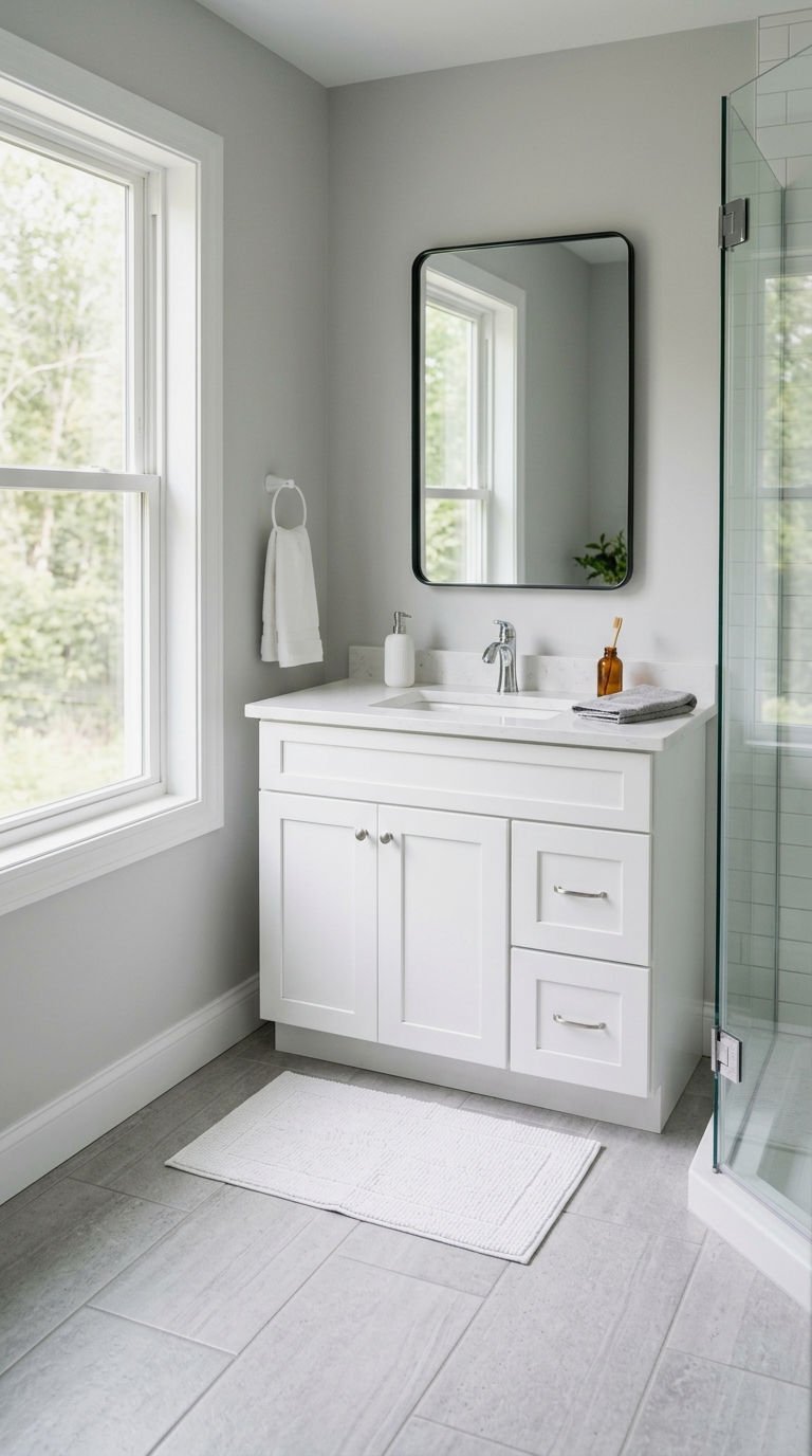 13. Grey Floors with White Vanities