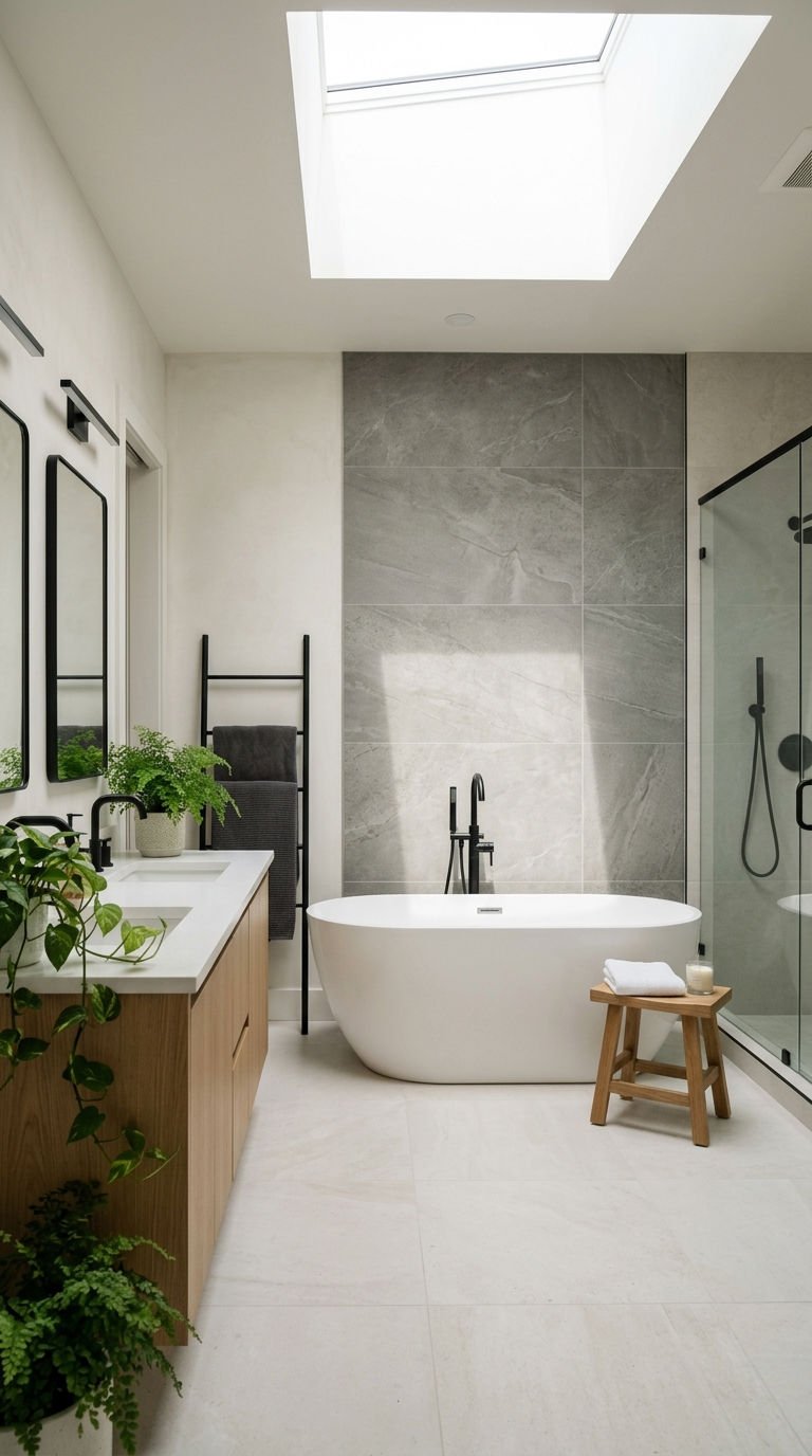 18 Bathroom Accent Wall Ideas That Actually Work 7 7. Grey and White Bathroom Accents