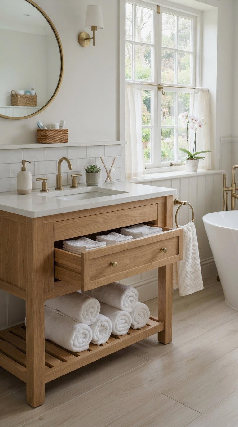 6. Handy Bathroom Vanity With Towel Storage