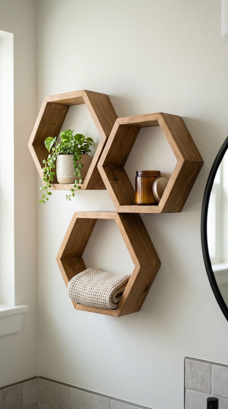 24 Bathroom Wall Shelves Ideas That Will Transform Your Space 16 16. Hexagon Shaped Shelf Display