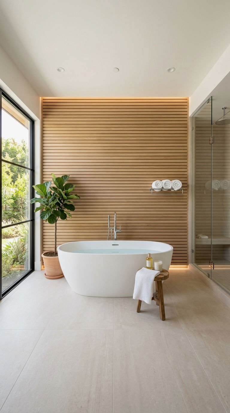 21 Wood Slat Wall Bathroom Ideas That Turn a Boring Room Into a Spa 6 6. Horizontal Wood Slat Wall for Bathrooms