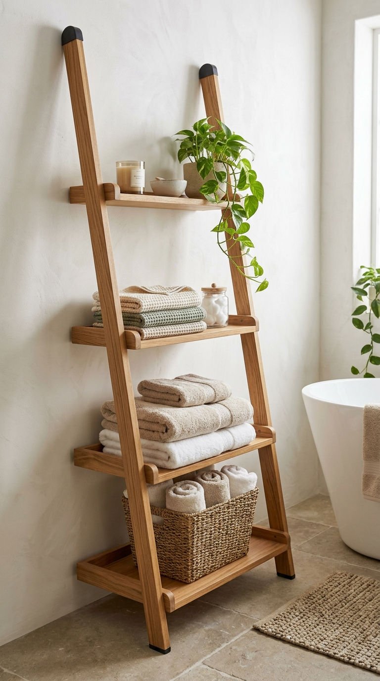 24 Bathroom Wall Shelves Ideas That Will Transform Your Space 20 20. Ladder Style Leaning Shelves