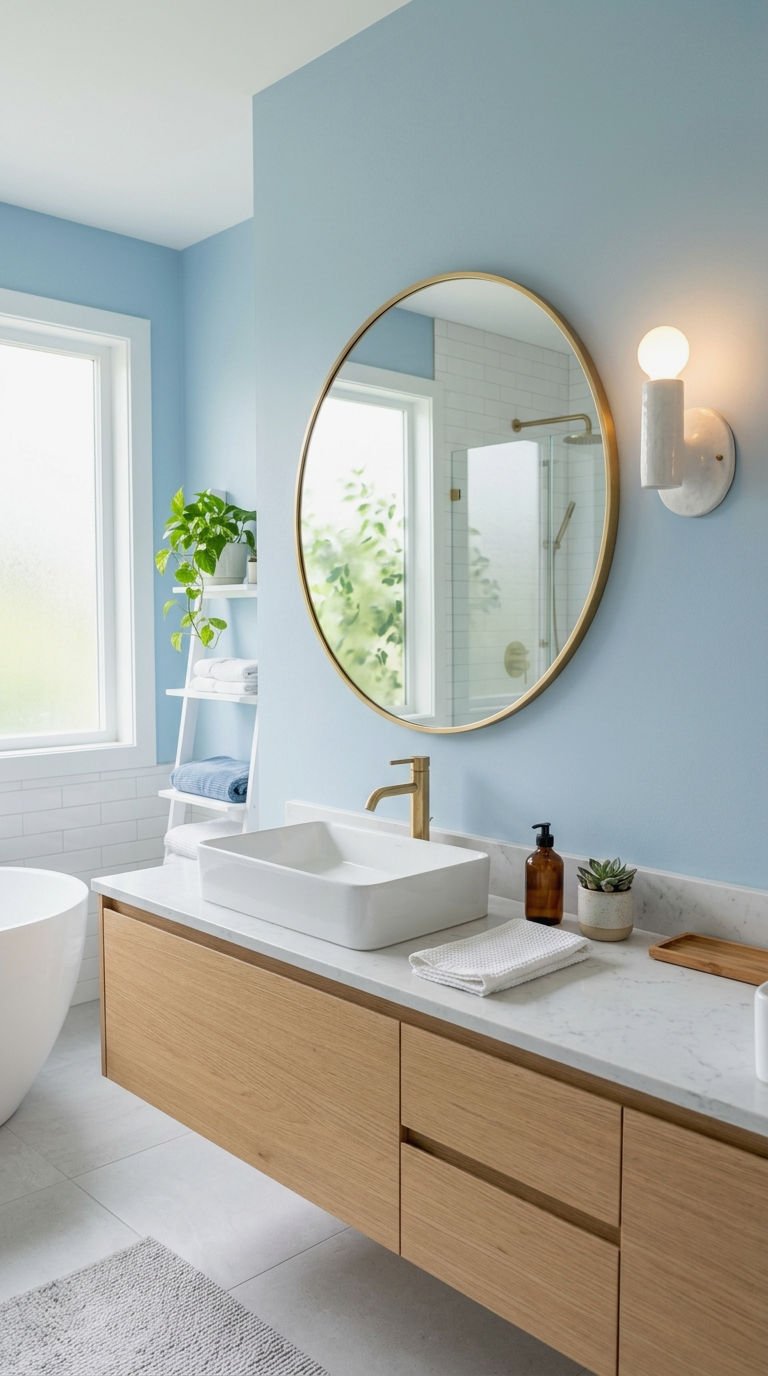 17. Light Blue Accent Walls With Sconces