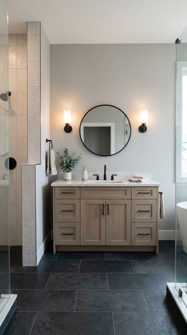 22 Bathroom Wall Sconce Picks That Actually Make Sense 22 22. Light Grey Walls for a Soft Vanity Look