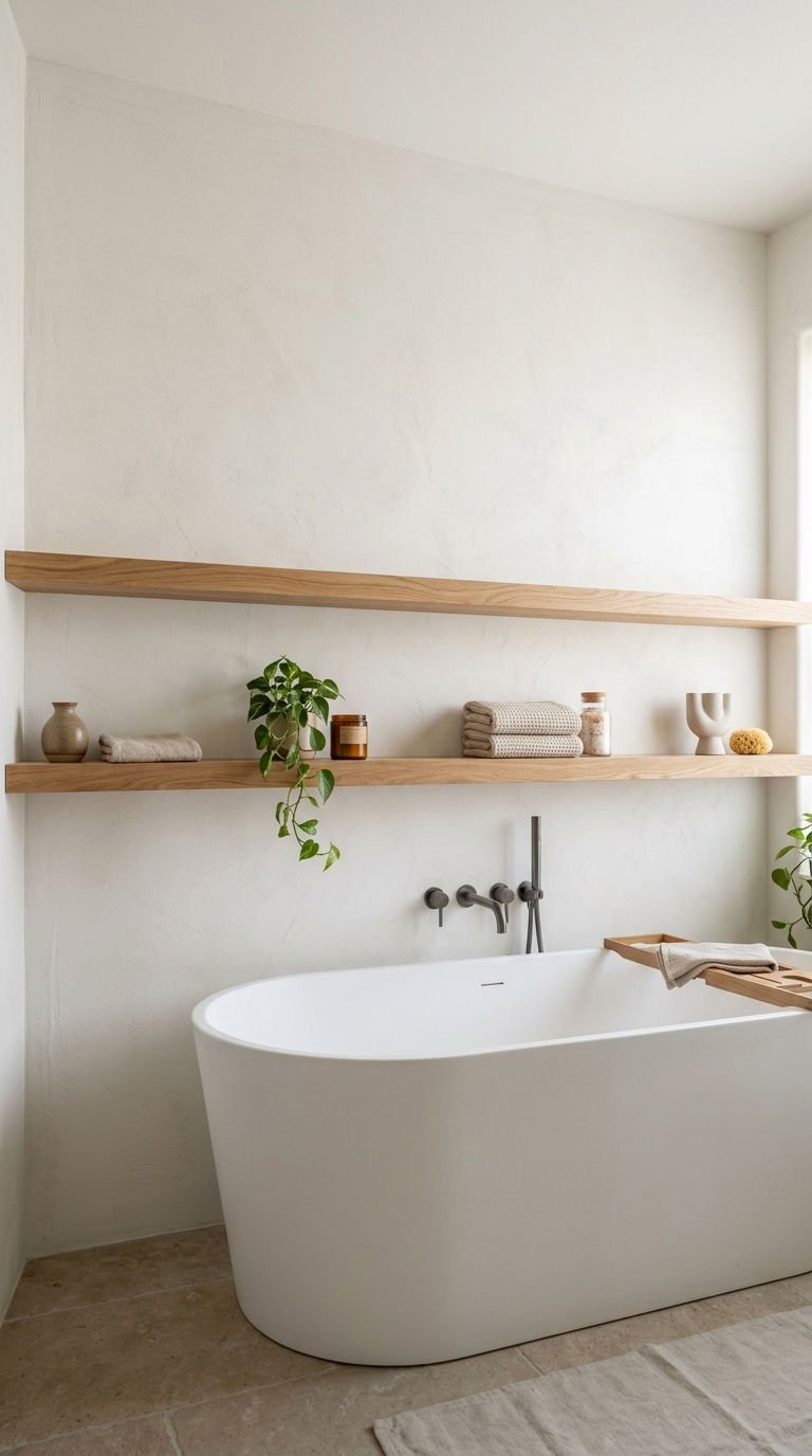 24 Bathroom Wall Shelves Ideas That Will Transform Your Space 18 18. Long Wall Shelf Layout