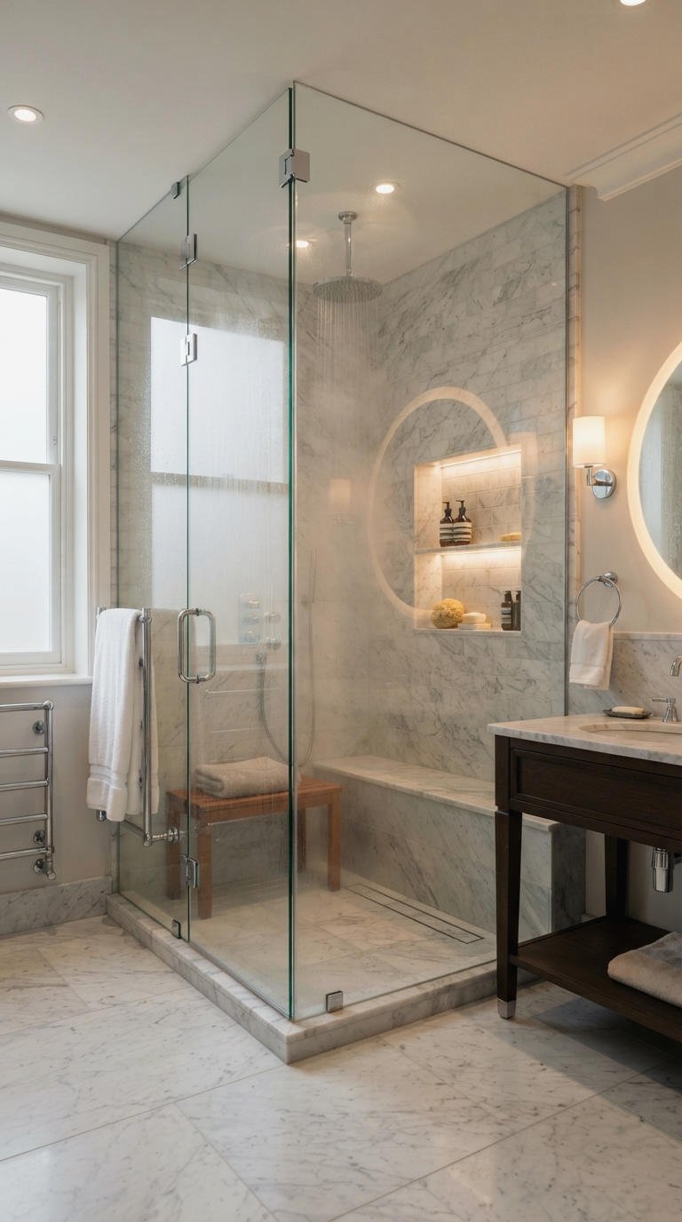 10. Luxury Bathroom With Glass Shower Wall