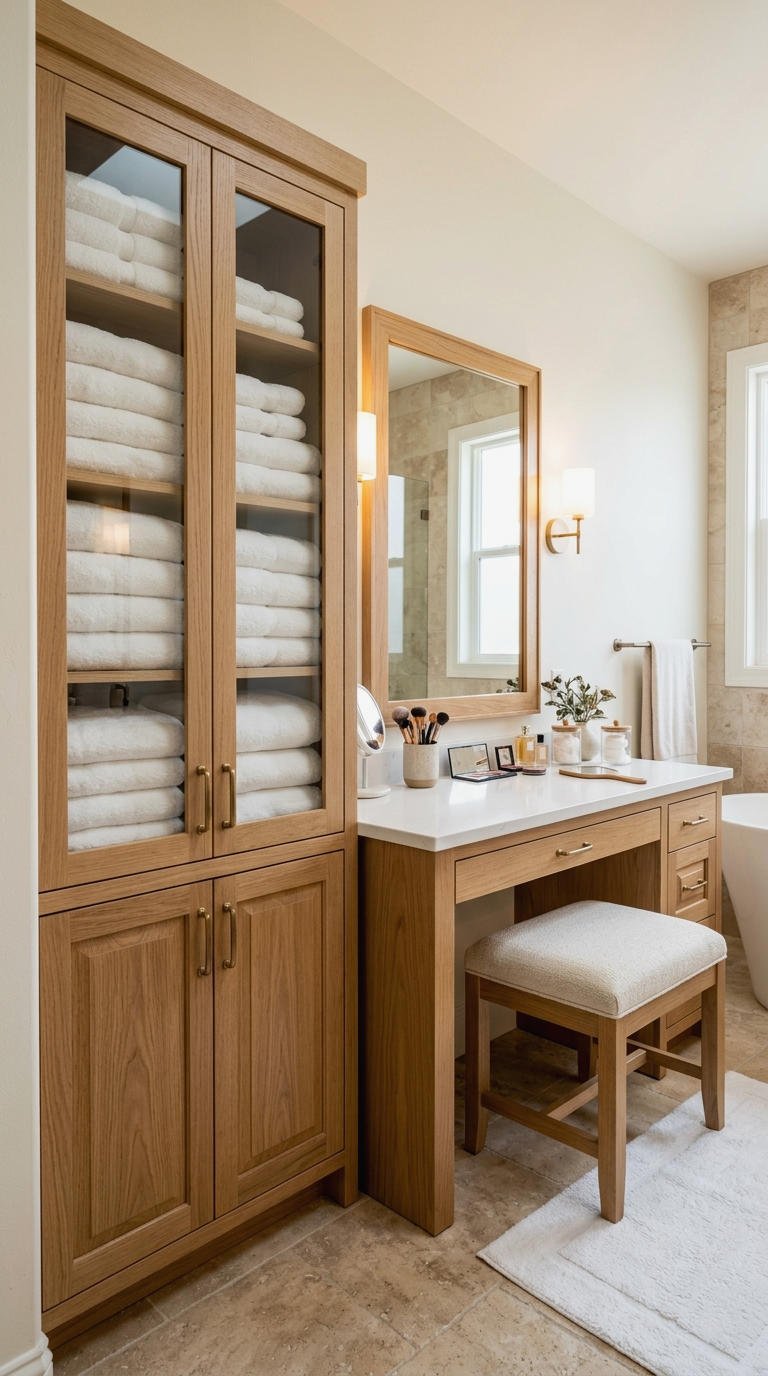 17. Makeup Vanity With Linen Cabinet