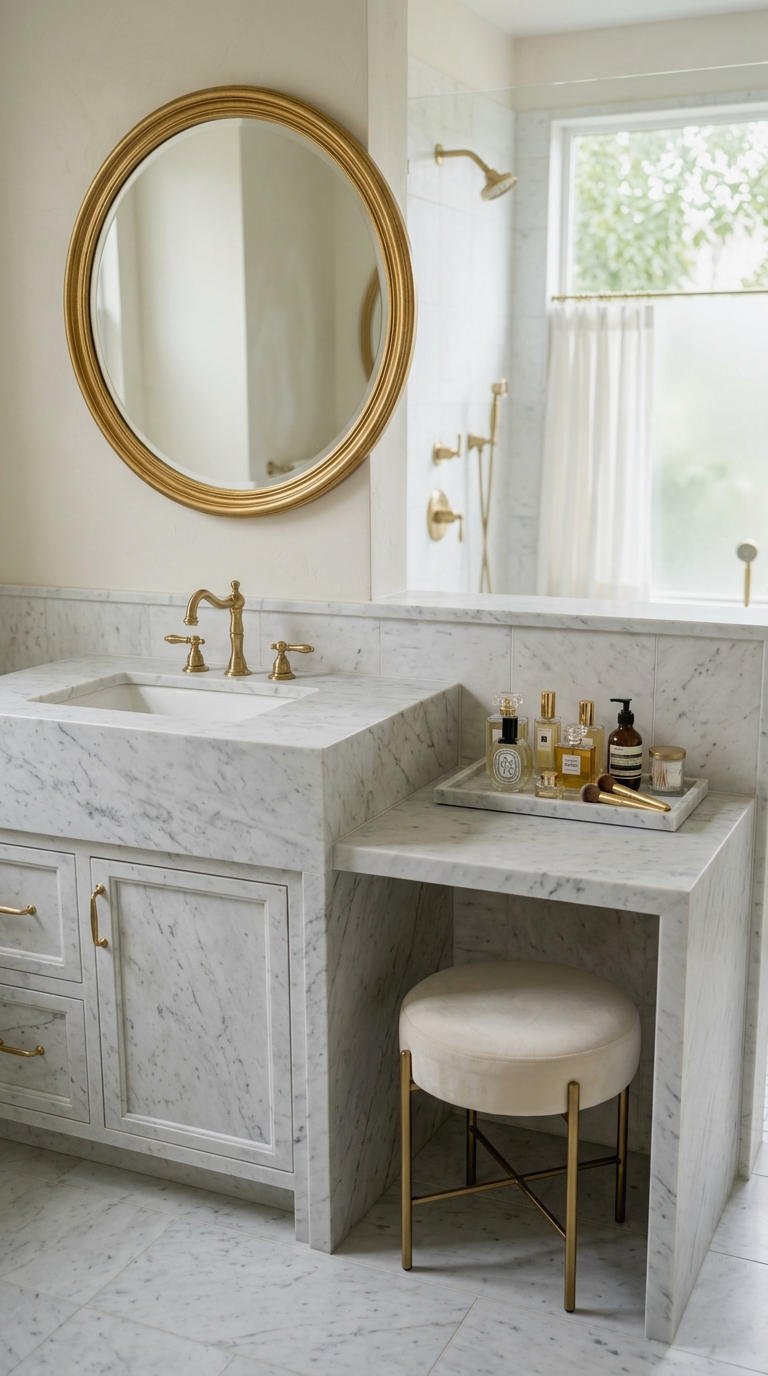 20. Marble Bathroom Vanity With Makeup Counter