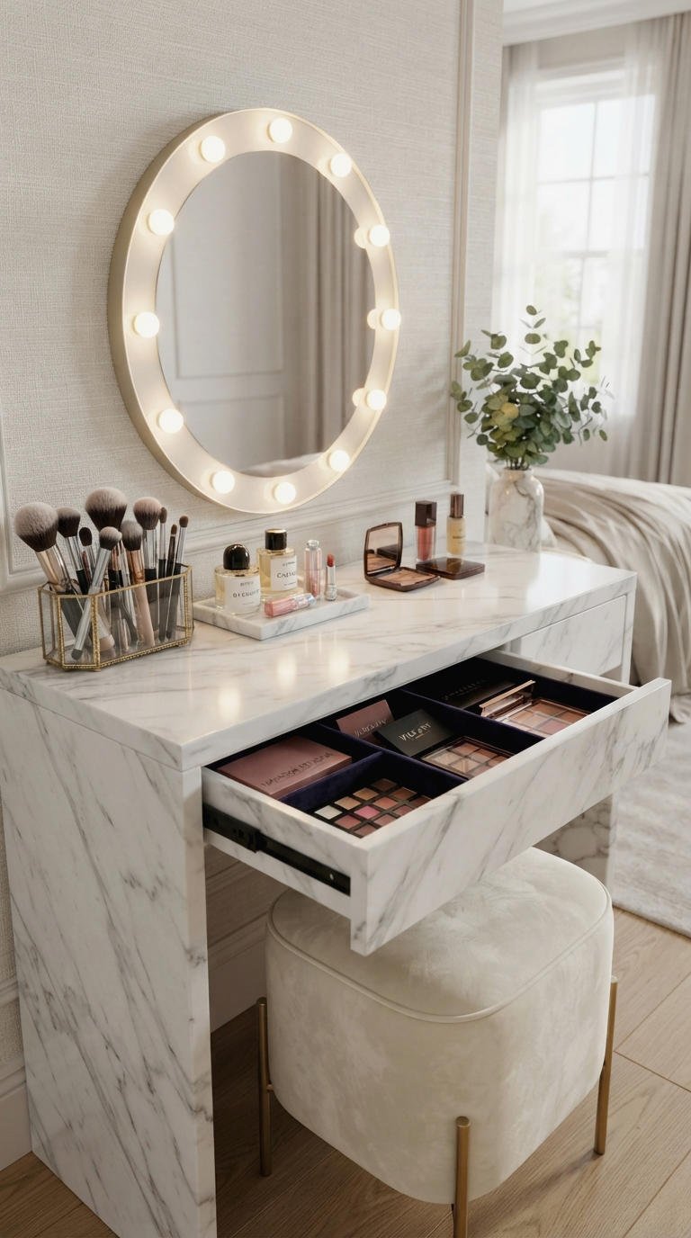 26. Marble Vanity With Makeup Station