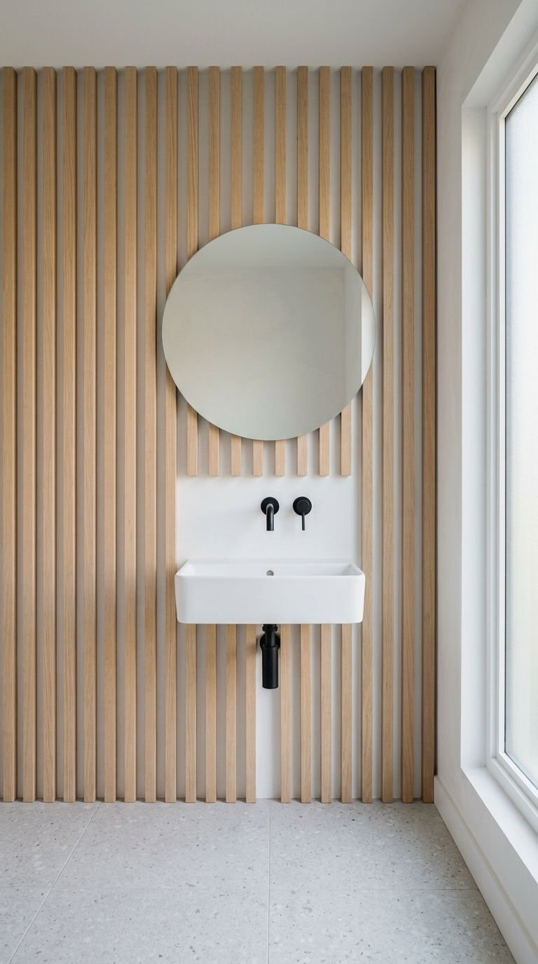 21 Wood Slat Wall Bathroom Ideas That Turn a Boring Room Into a Spa 17 17. Minimalist Wood Slat Bathroom Wall Style