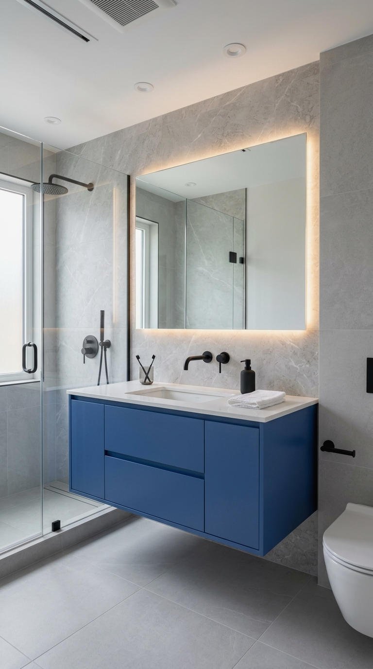 15. Modern Bathroom With Blue Vanity