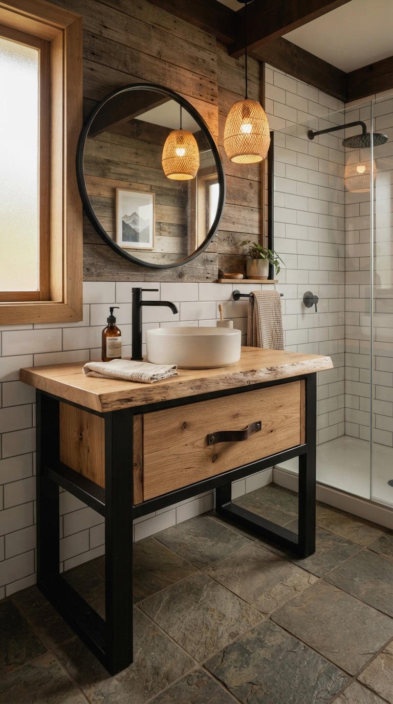 19. Modern Rustic Vanity With Metal Touches