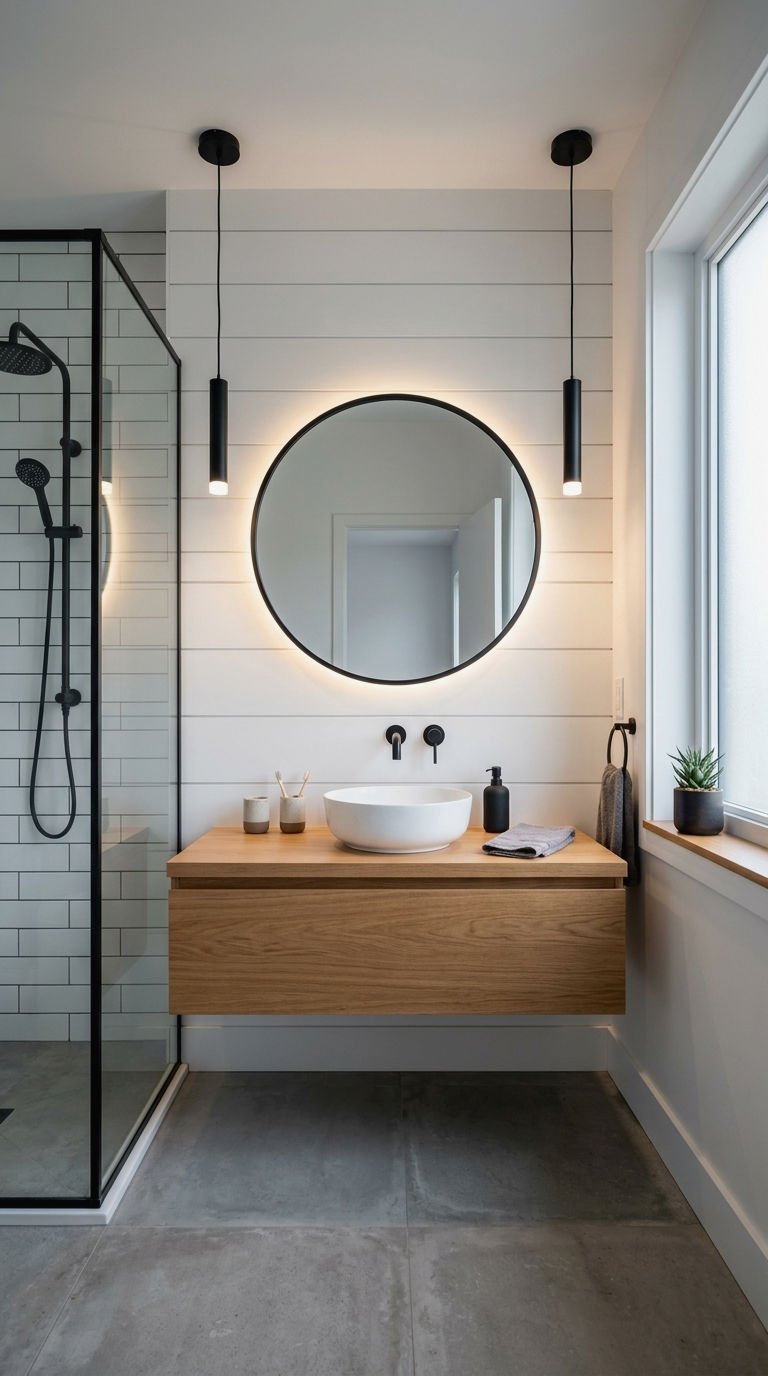 13. Modern Shiplap Accent Wall Bathrooms