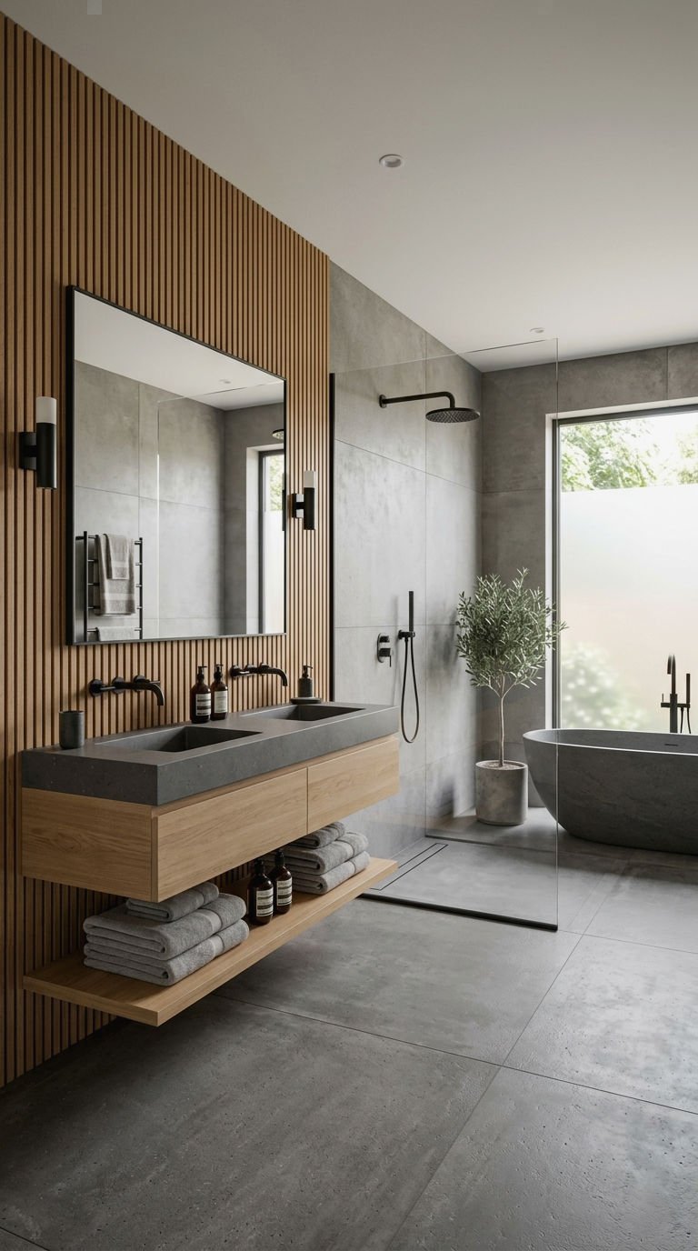 21 Wood Slat Wall Bathroom Ideas That Turn a Boring Room Into a Spa 18 18. Modern Wood Slat Bathroom Wall Style