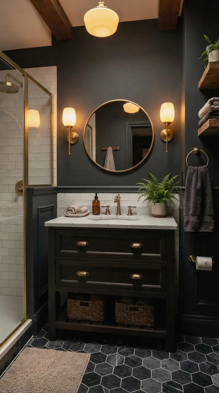 2. Moody Dark Wood Vanity Bathroom