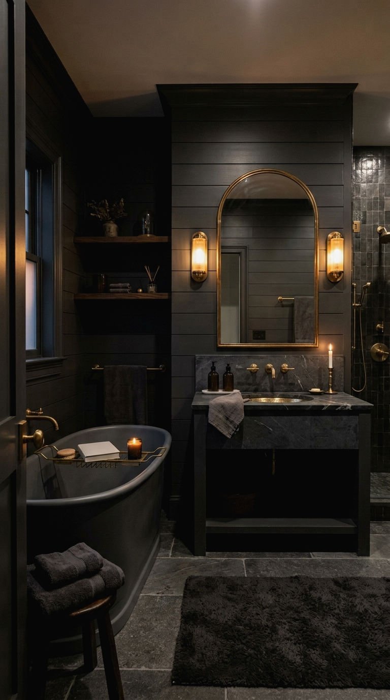 17. Moody Paneling for Dramatic Baths